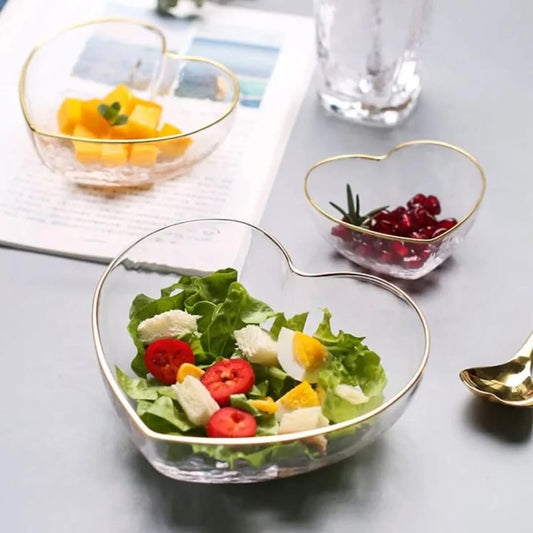 3pc Heart-Shaped Golden rim Glass Salad Bowl