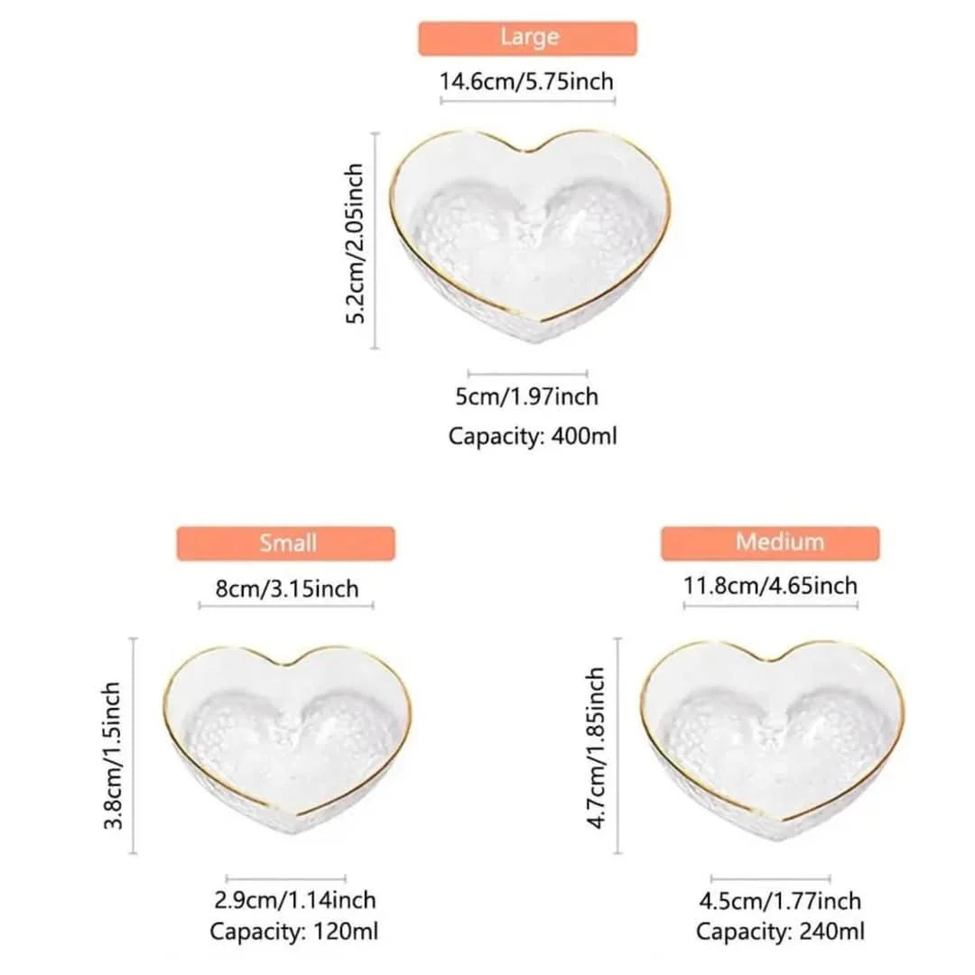3pc Heart-Shaped Golden rim Glass Salad Bowl