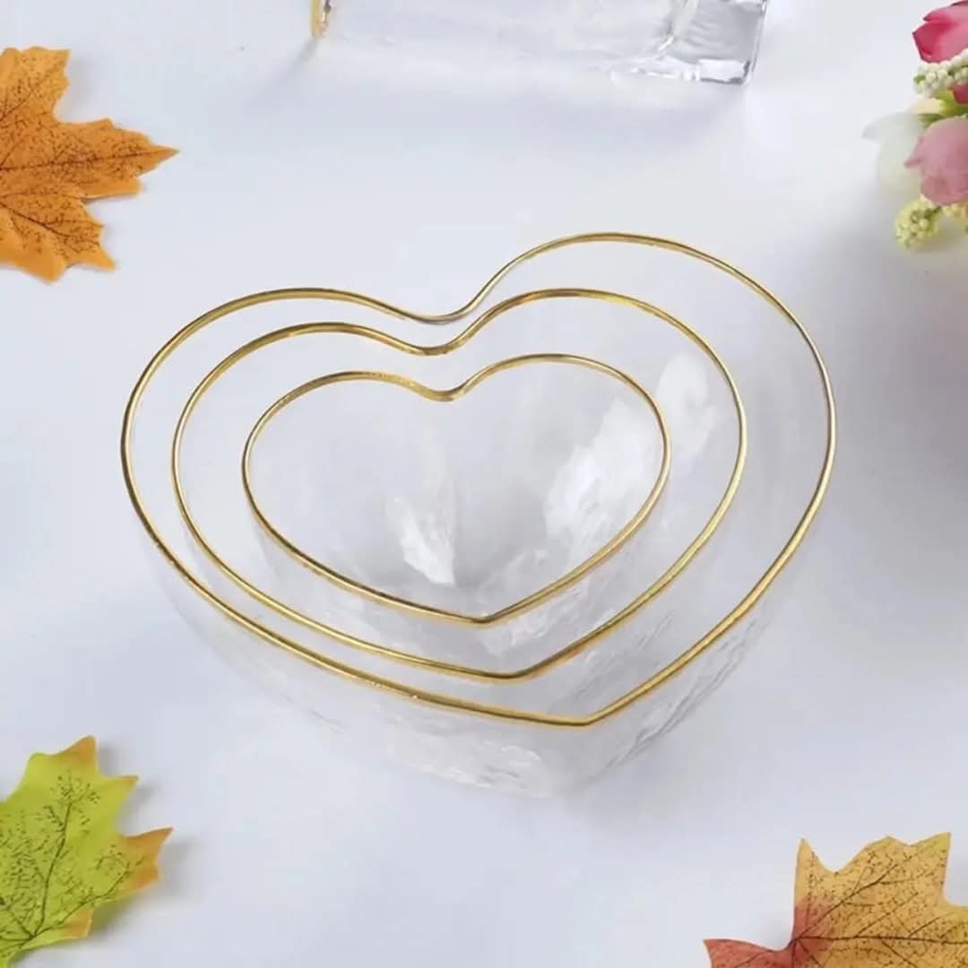 3pc Heart-Shaped Golden rim Glass Salad Bowl