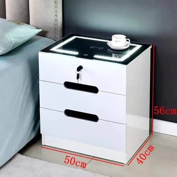 Wooden Bedside Drawer with LED Lighting Glass Top