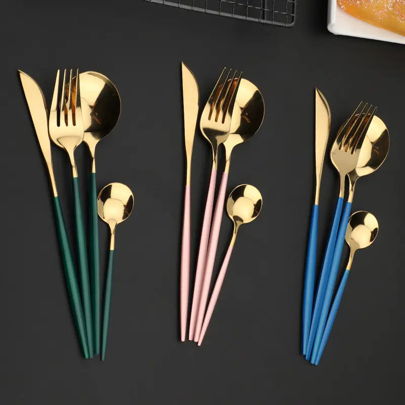 24PCS Cutlery Set Stainless Steel Cutlery Complete Tableware Set Fork Knives Spoon Round Handle Dinnerware Set