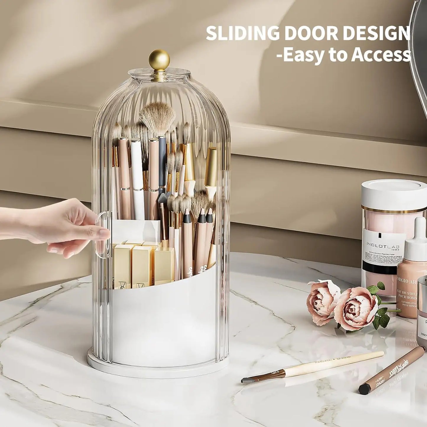 360 Rotating Makeup Brush Holder Organizer with Cover Cosmetic Make up Brush Storage Container for Vanity Bathroom Countertop