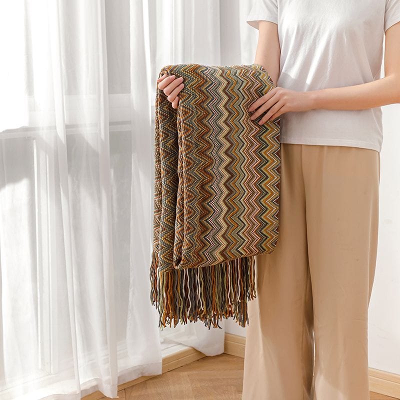 Bohemian Knitted Throw Blanket With Tassel