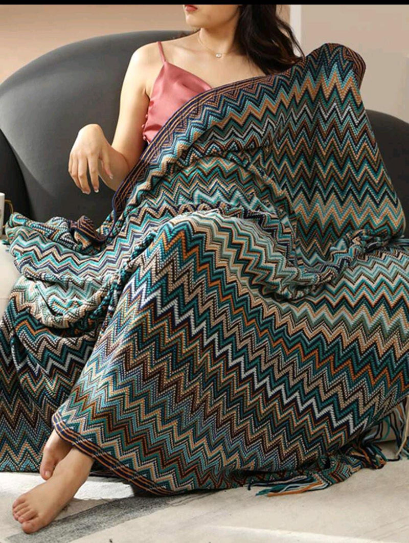 Bohemian Knitted Throw Blanket With Tassel