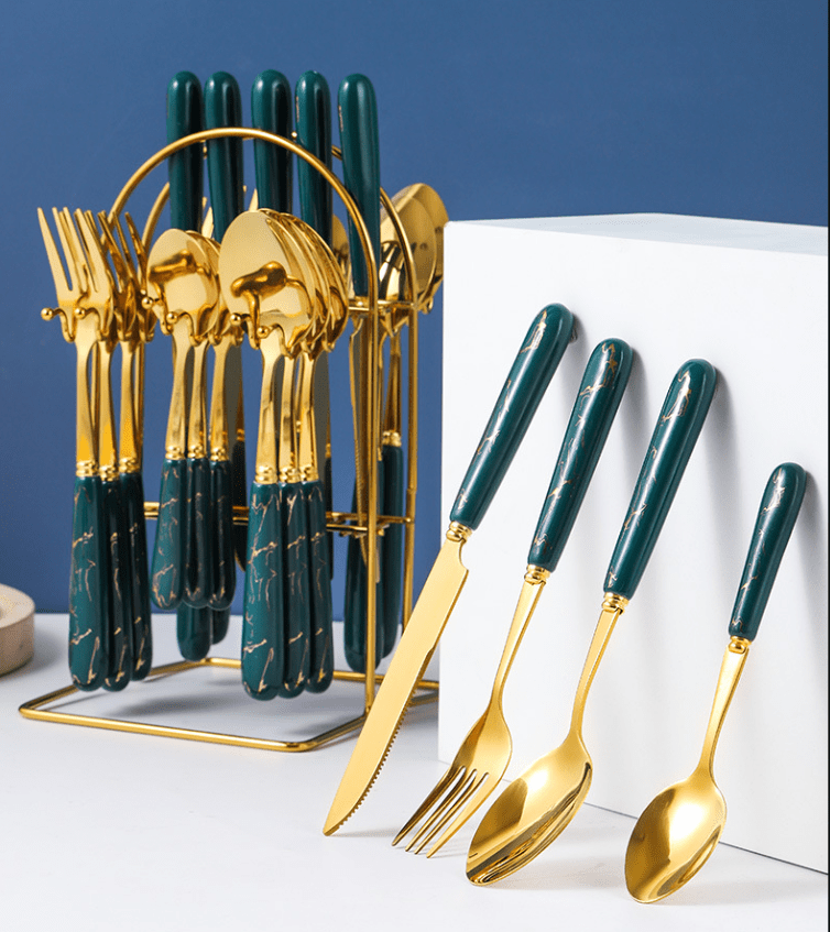 24PC Cutlery set with green handle