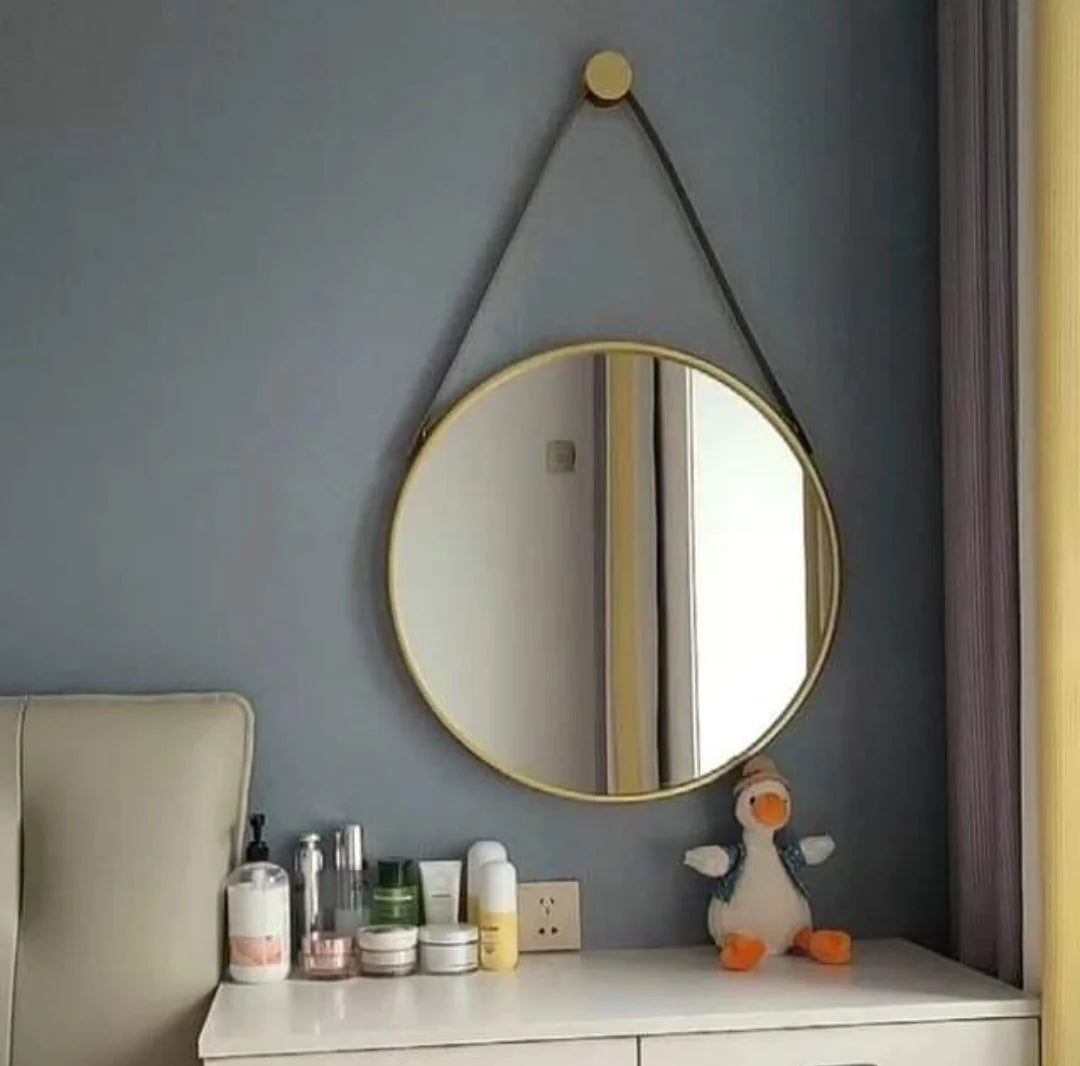 50cm Gold round Nordic wall mirror with black strap