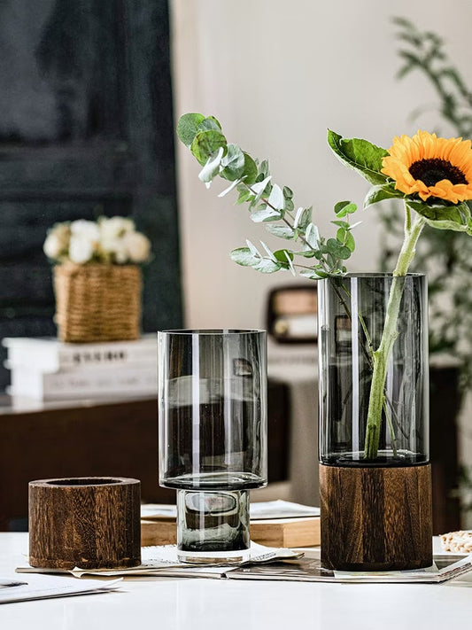 Modern creative glass vase with wooden base