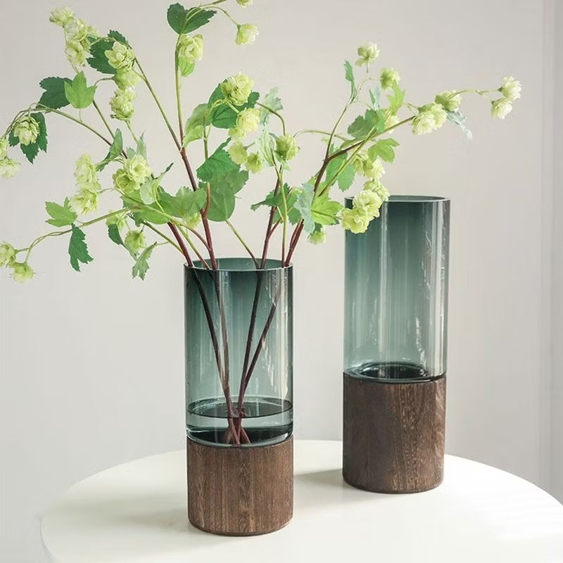 Modern creative glass vase with wooden base