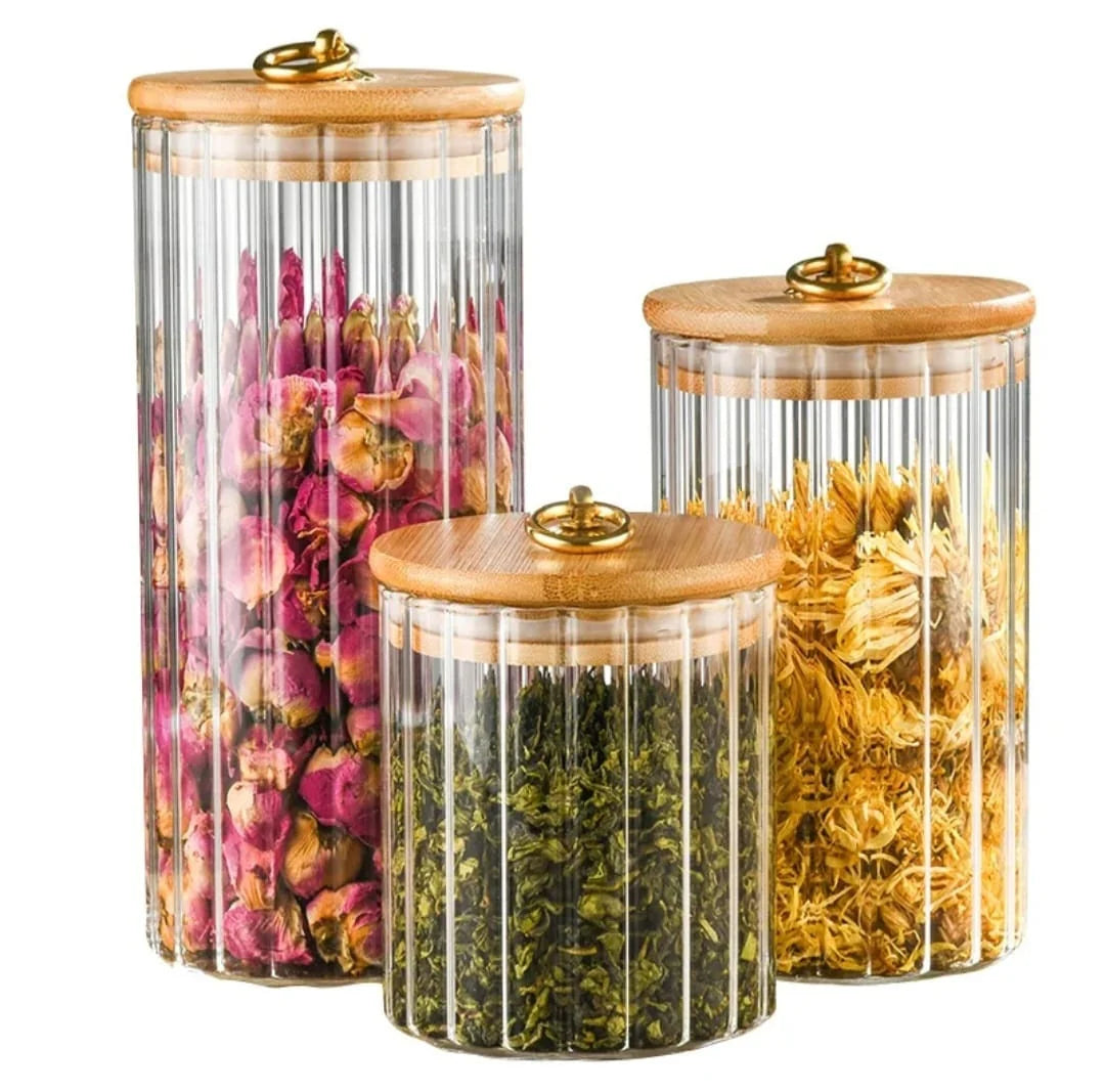 3pcs set Airtight ribbed Kitchen Glass Storage Jars