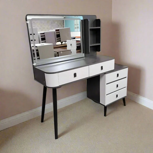 Modern Vanity Desk with LED Mirror | 100x40x145 cm, 4 Drawer Storage | White & Grey | Bedrooms, Dressing Rooms, Studio Apartments, Beauty Salons