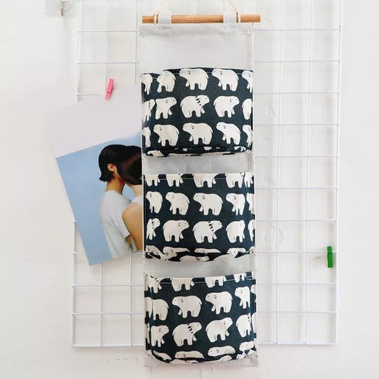 Wall Mounted Storage Bag with 3 Pockets Linen Fabric Waterproof Wall Door Closet Hanging Organizer