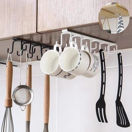Multifunction Double-row Storage Hook Wardrobe Cabinet Metal Shelves Hanging Hooks Punch-free Hanging Cup Holder