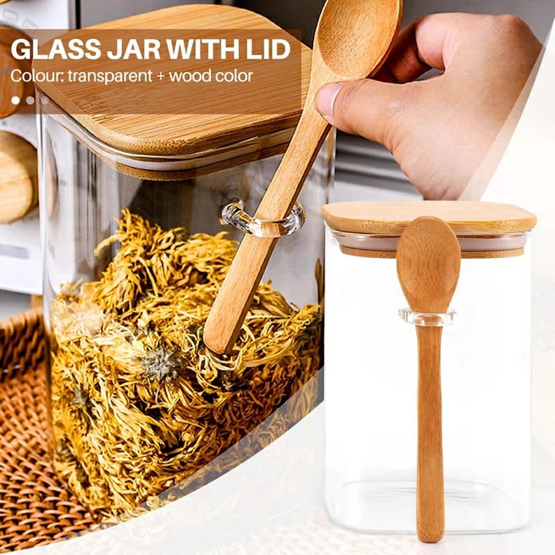 Glass spice/ Storage Canister with Wooden Spoon