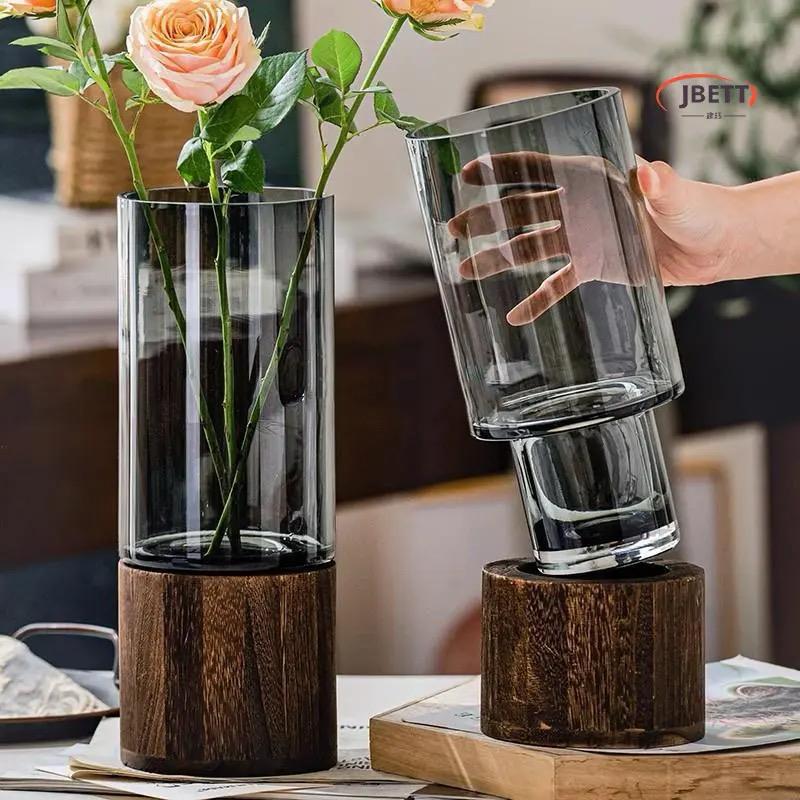 Modern creative glass vase with wooden base