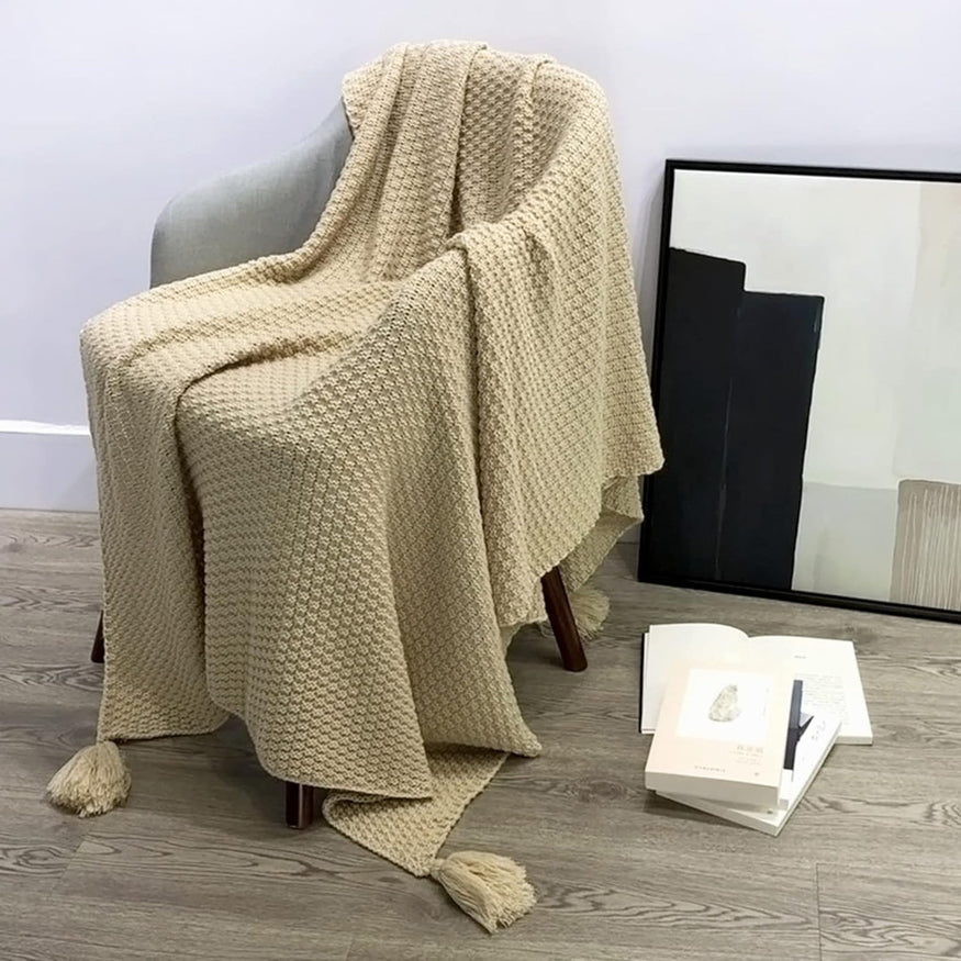 Knitted Throw Blanket With Tassels Fringe Throw for Couch Bed Sofa